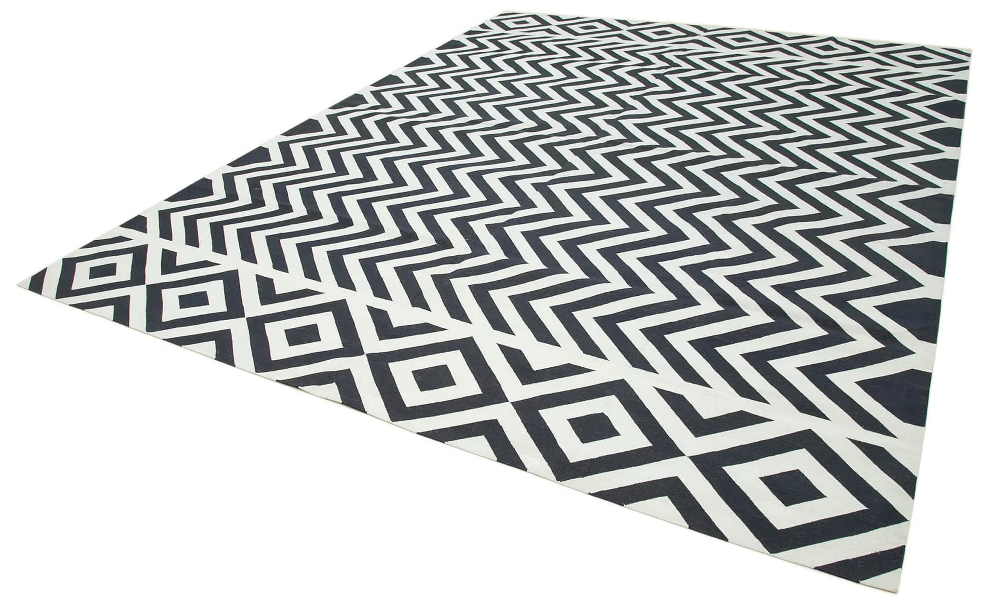Geometric Duri Siyah Geometrik Pamuk Yün El Dokuma Halısı 286x366 Agacan
