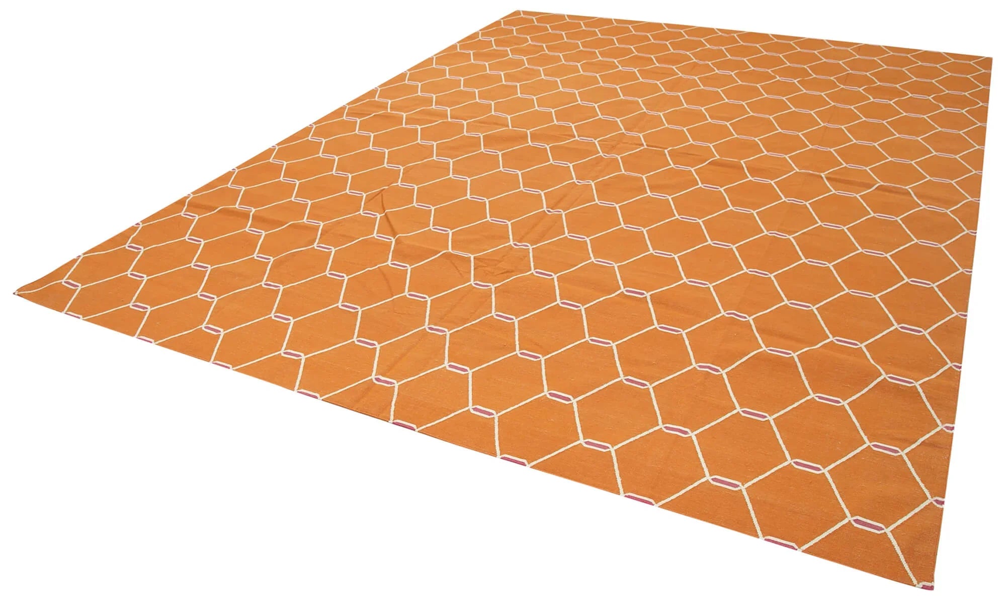 Geometric Duri Turuncu Geometrik Pamuk Yün El Dokuma Halısı 273x362 Agacan