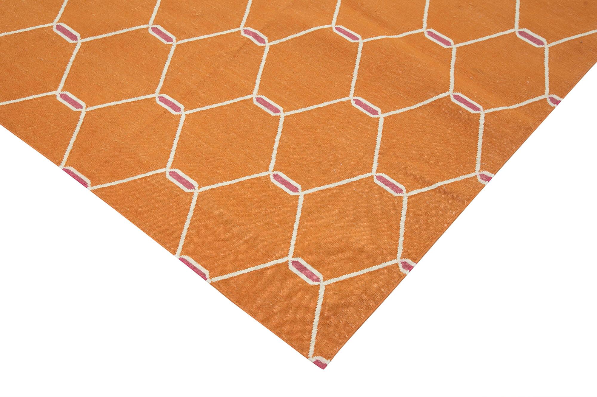 Geometric Duri Turuncu Geometrik Pamuk Yün El Dokuma Halısı 273x362 Agacan