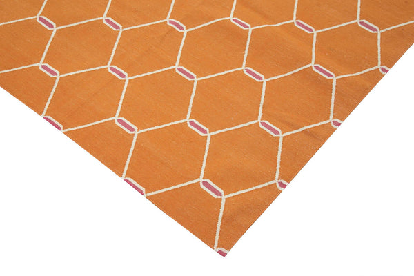 Geometric Duri Turuncu Geometrik Pamuk Yün El Dokuma Halısı 273x362 Agacan