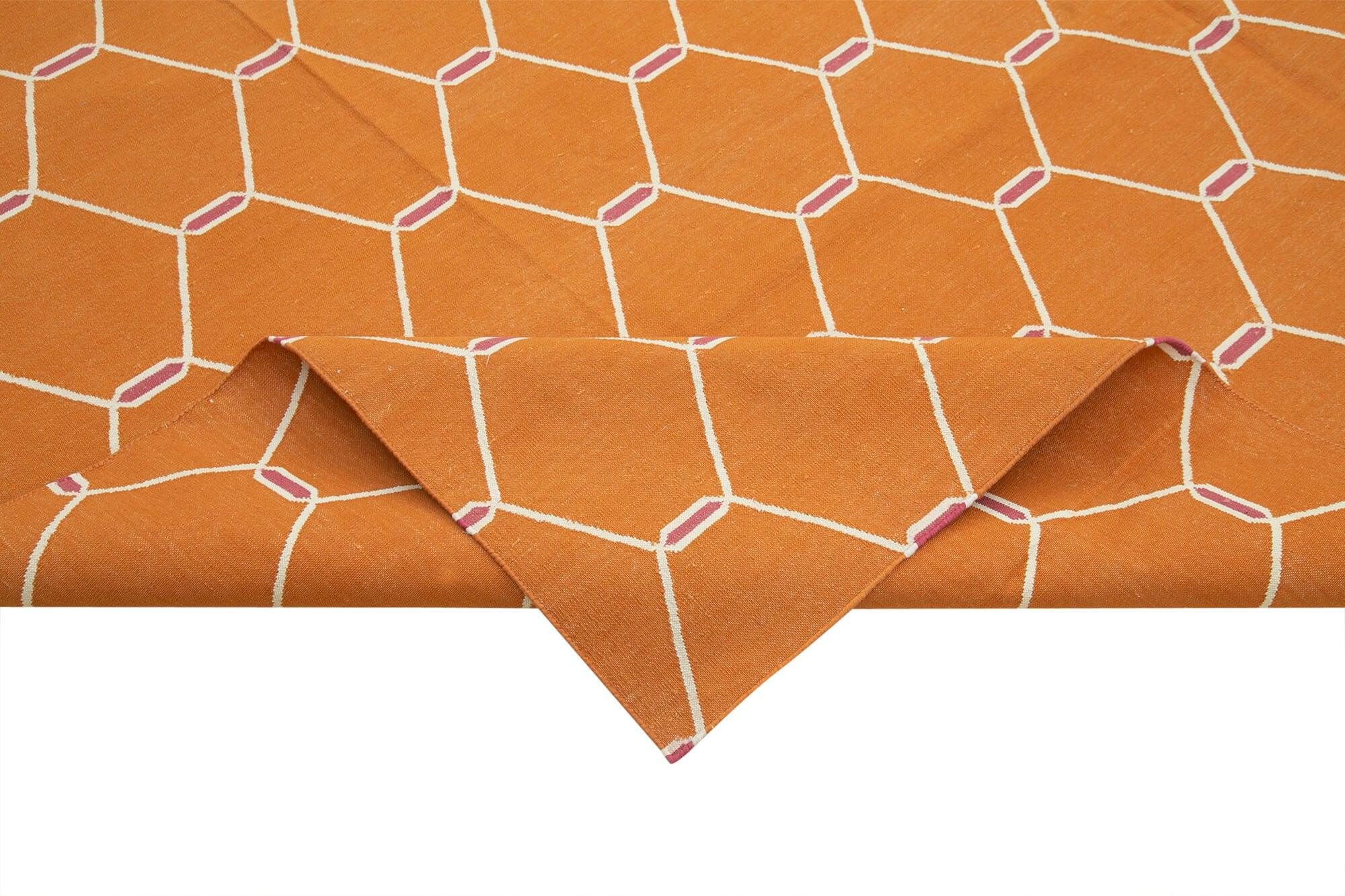 Geometric Duri Turuncu Geometrik Pamuk Yün El Dokuma Halısı 273x362 Agacan