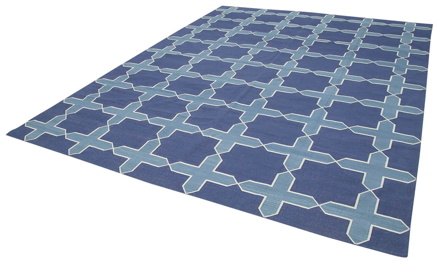 Geometric Duri Mavi Geometrik Pamuk Yün El Dokuma Halısı 280x358 Agacan