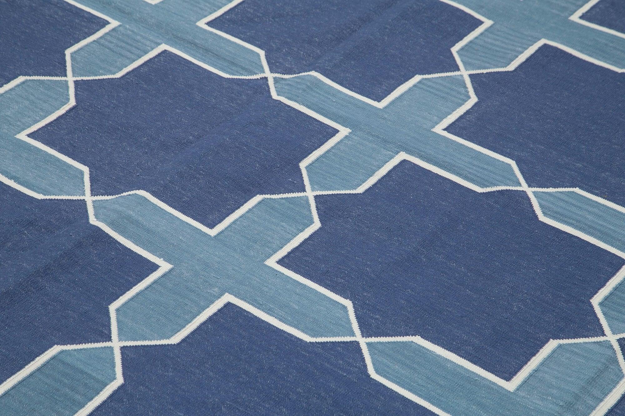 Geometric Duri Mavi Geometrik Pamuk Yün El Dokuma Halısı 280x358 Agacan