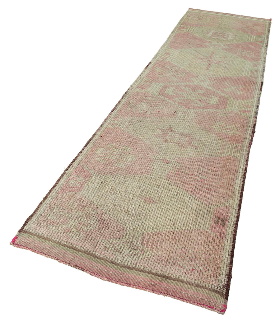 Vintage Herki Bej Eskitme Pamuk Yün El Dokuma Halısı 94x343 Agacan