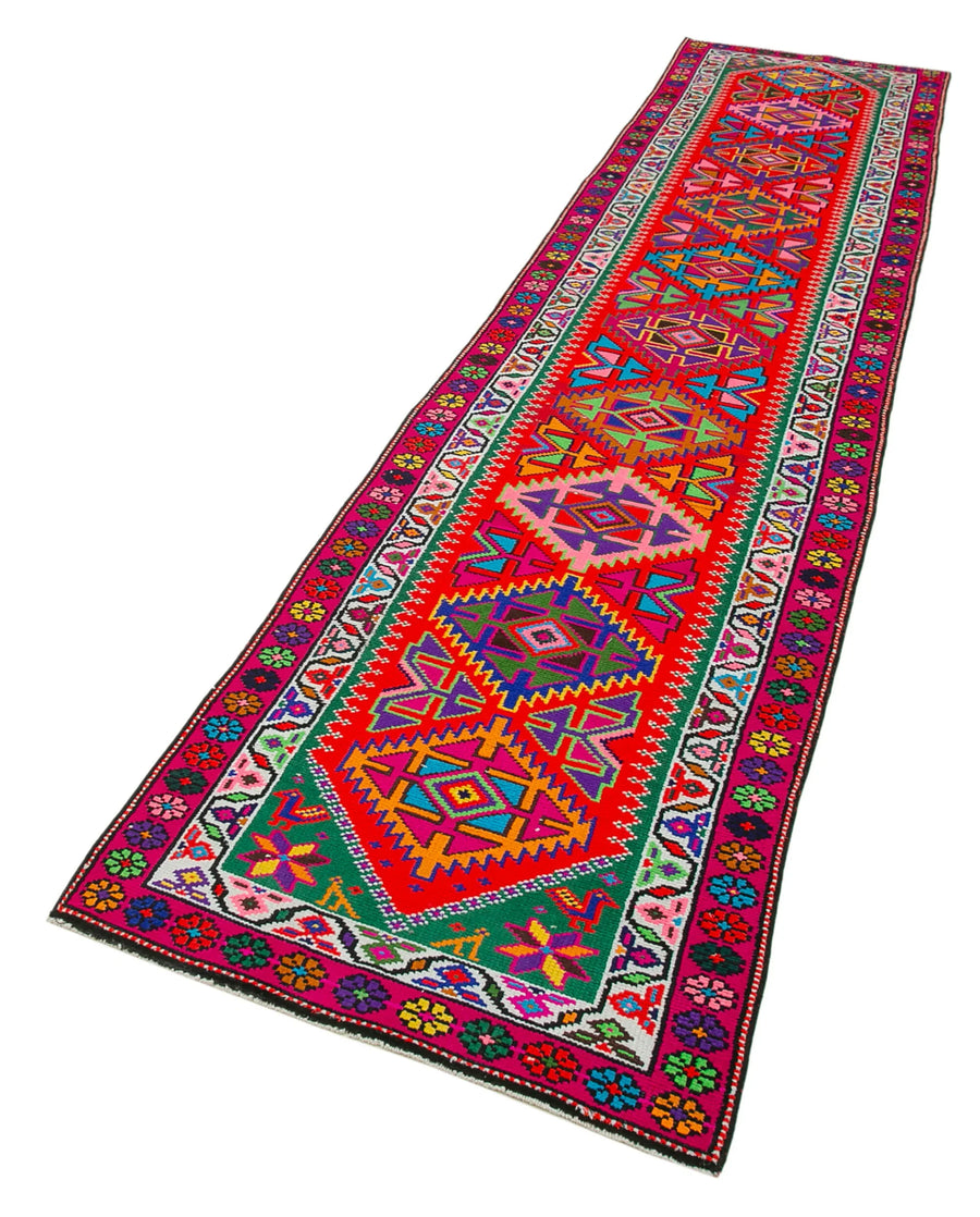 Vintage Herki Kırmızı Eskitme Pamuk Yün El Dokuma Halısı 82x370 Agacan