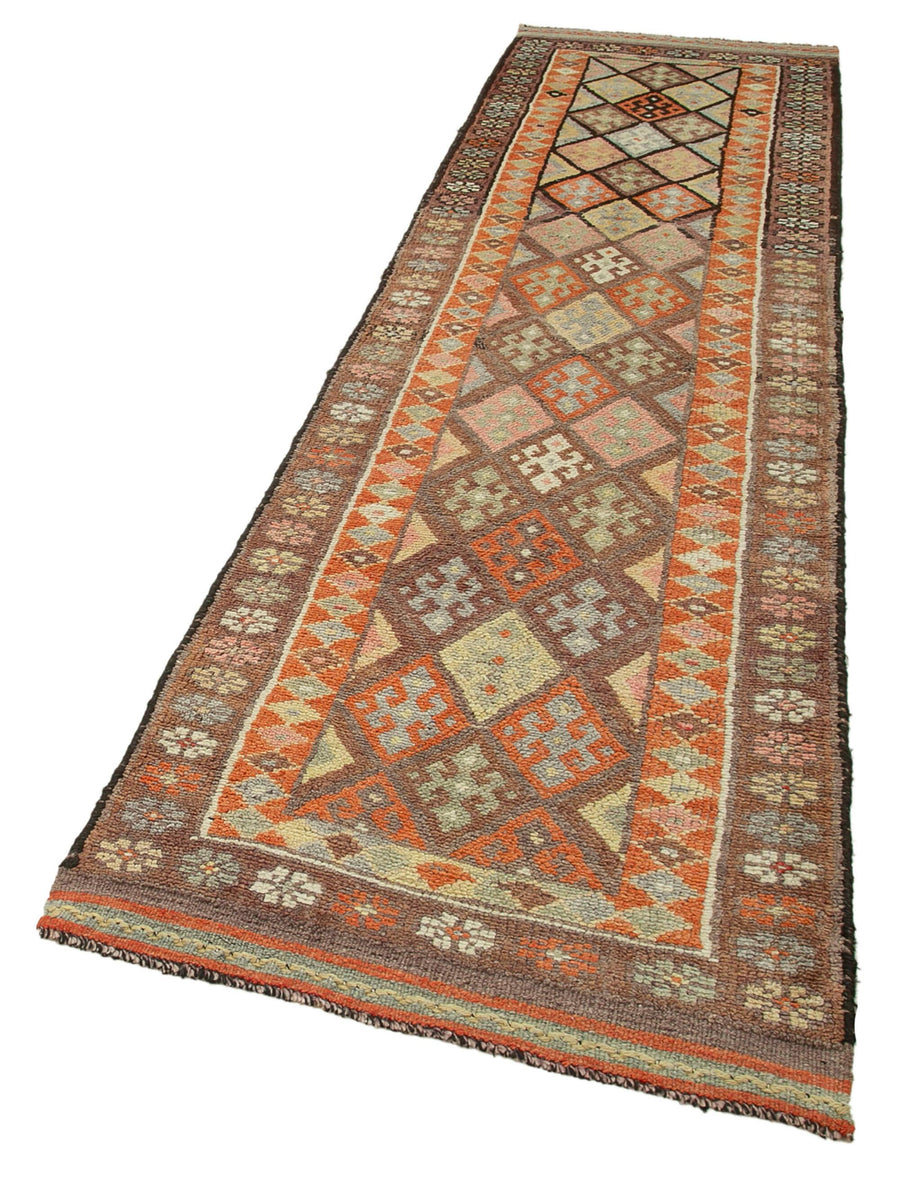 Vintage Herki Kahverengi Eskitme Pamuk Yün El Dokuma Halısı 90x340 Agacan