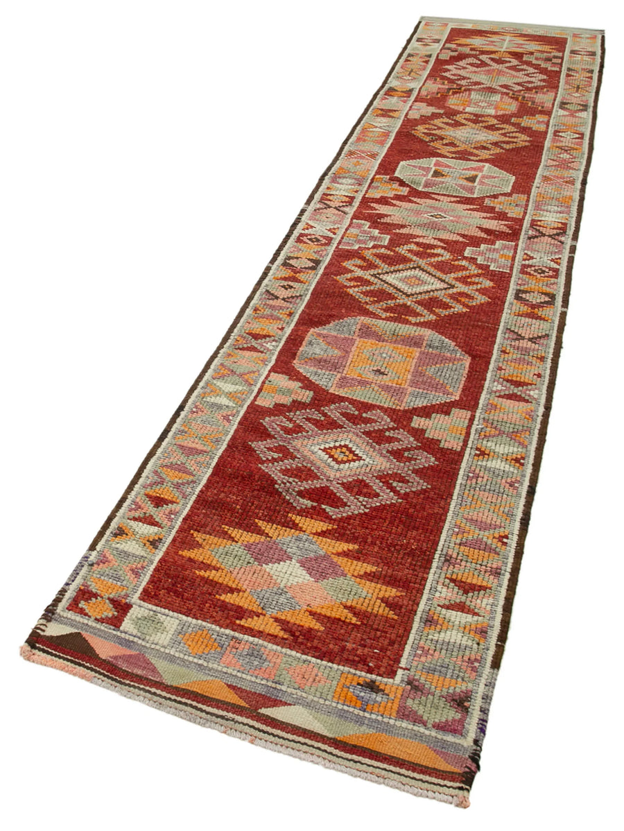 Vintage Herki Kırmızı Eskitme Pamuk Yün El Dokuma Halısı 78x383 Agacan