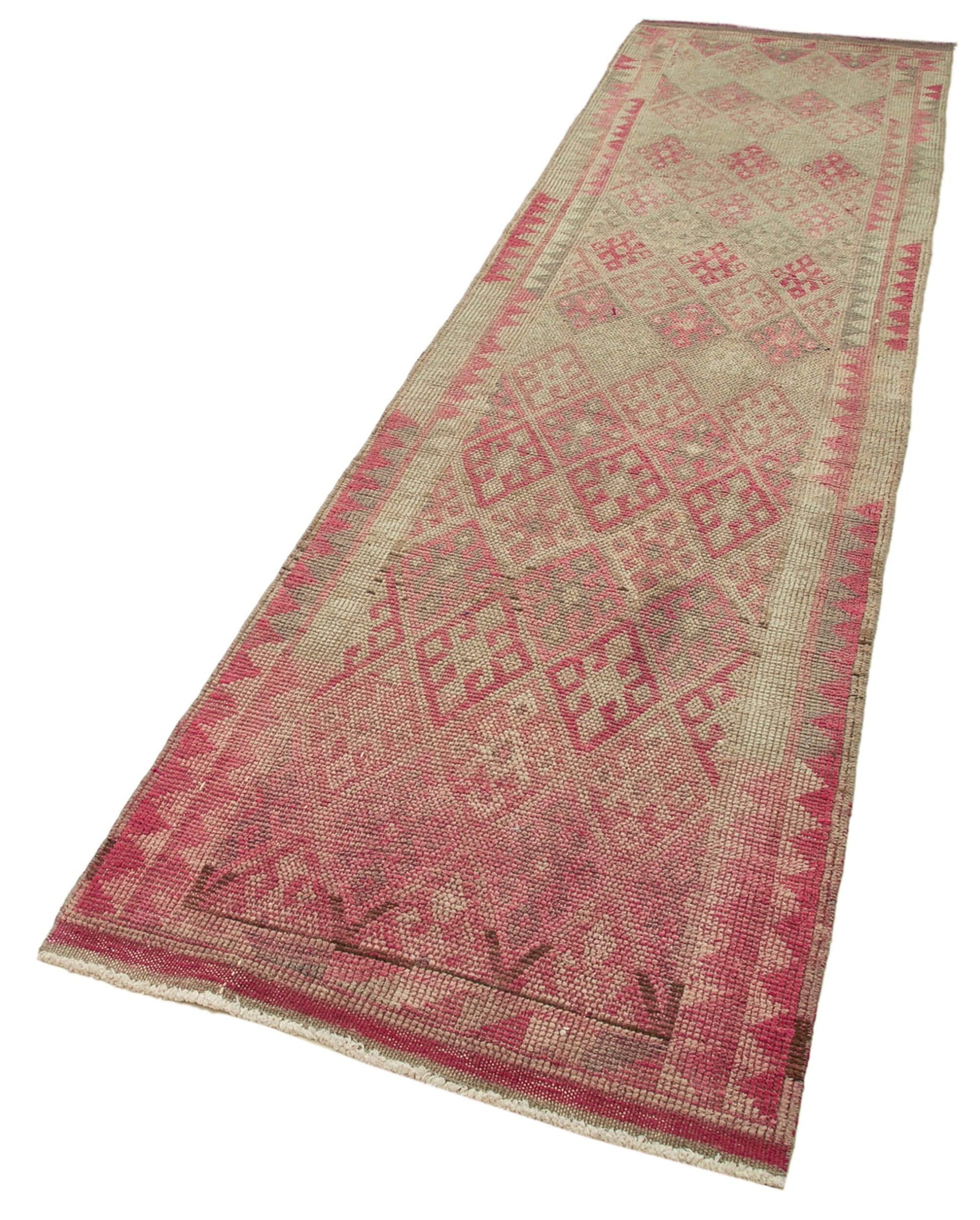 Vintage Herki Bej Eskitme Pamuk Yün El Dokuma Halısı 86x348 Agacan