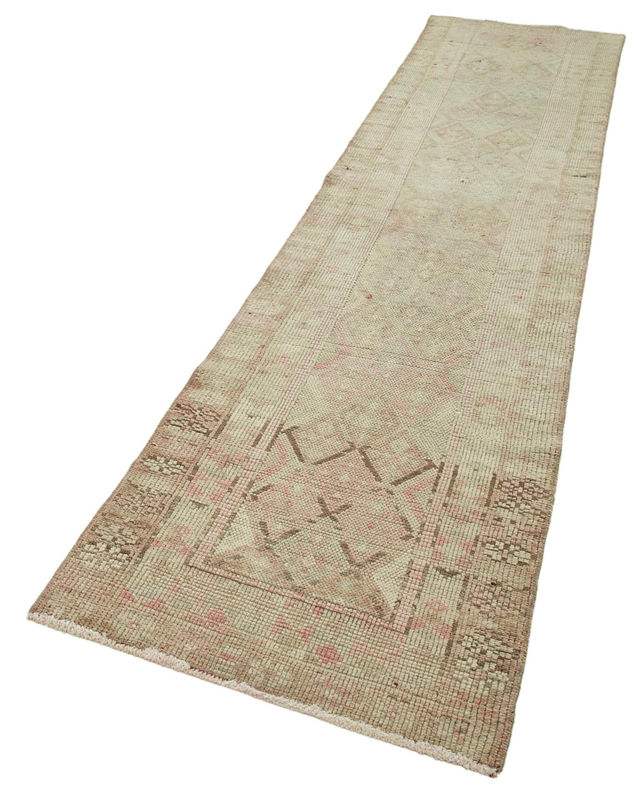 Vintage Herki Bej Eskitme Pamuk Yün El Dokuma Halısı 82x340 Agacan