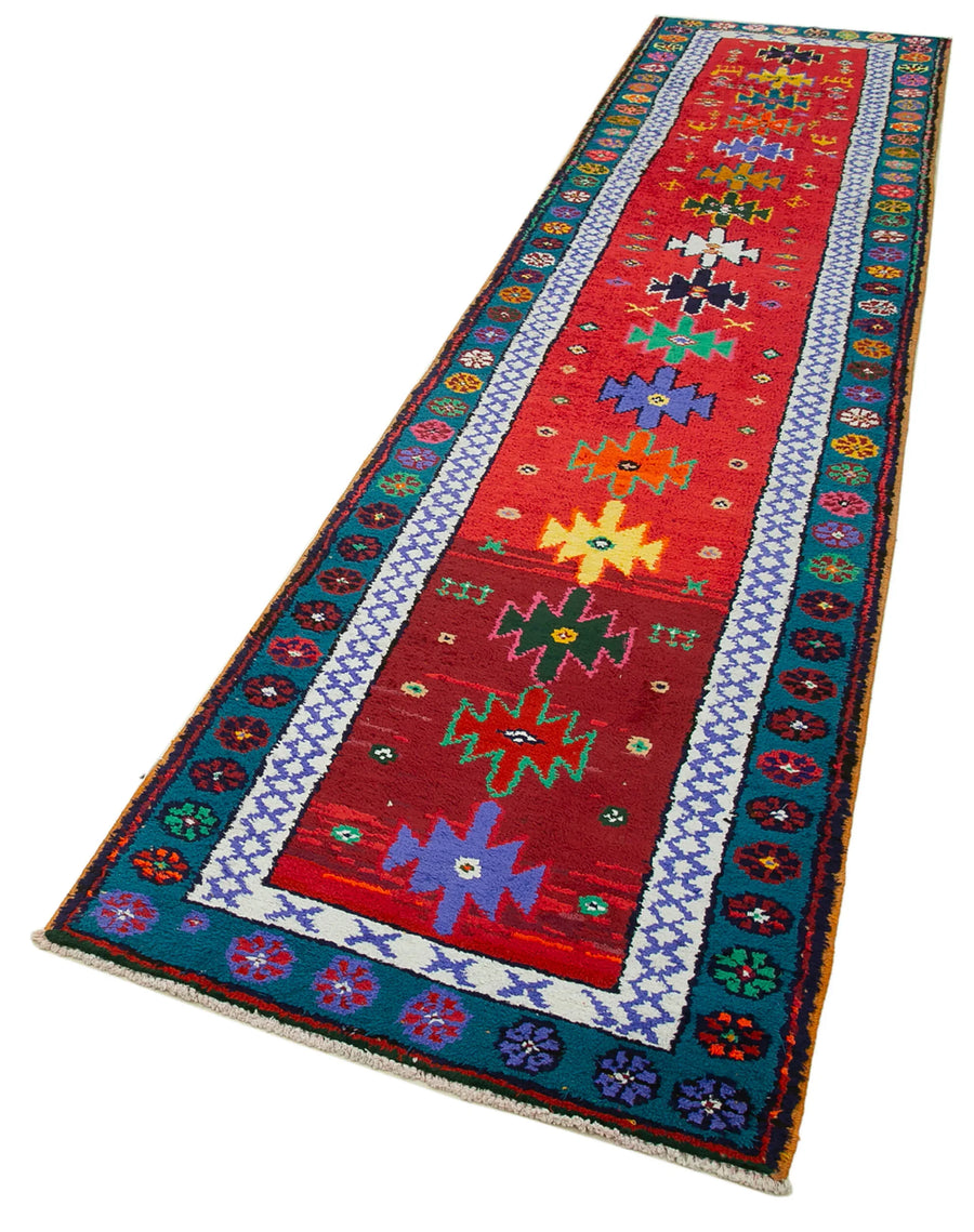 Vintage Herki Kırmızı Eskitme Pamuk Yün El Dokuma Halısı 88x371 Agacan