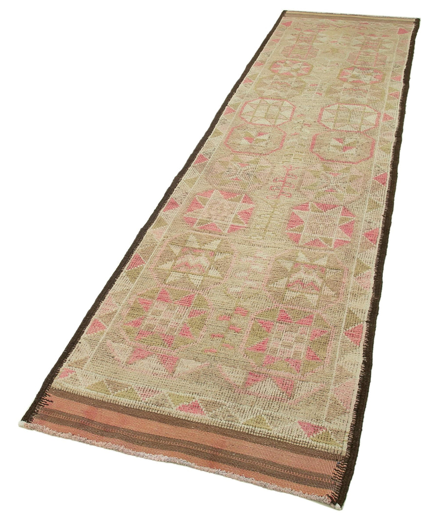 Vintage Herki Bej Eskitme Pamuk Yün El Dokuma Halısı 85x337 Agacan