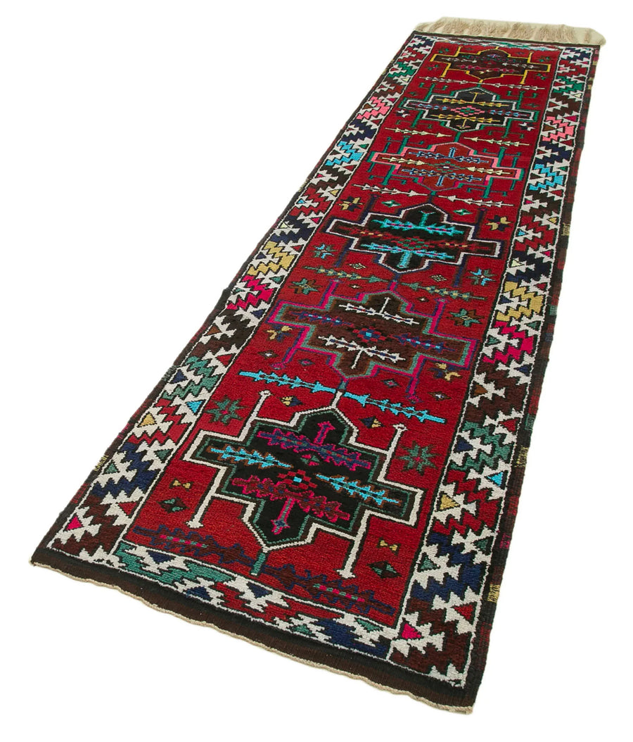 Vintage Herki Kırmızı Eskitme Pamuk Yün El Dokuma Halısı 90x336 Agacan