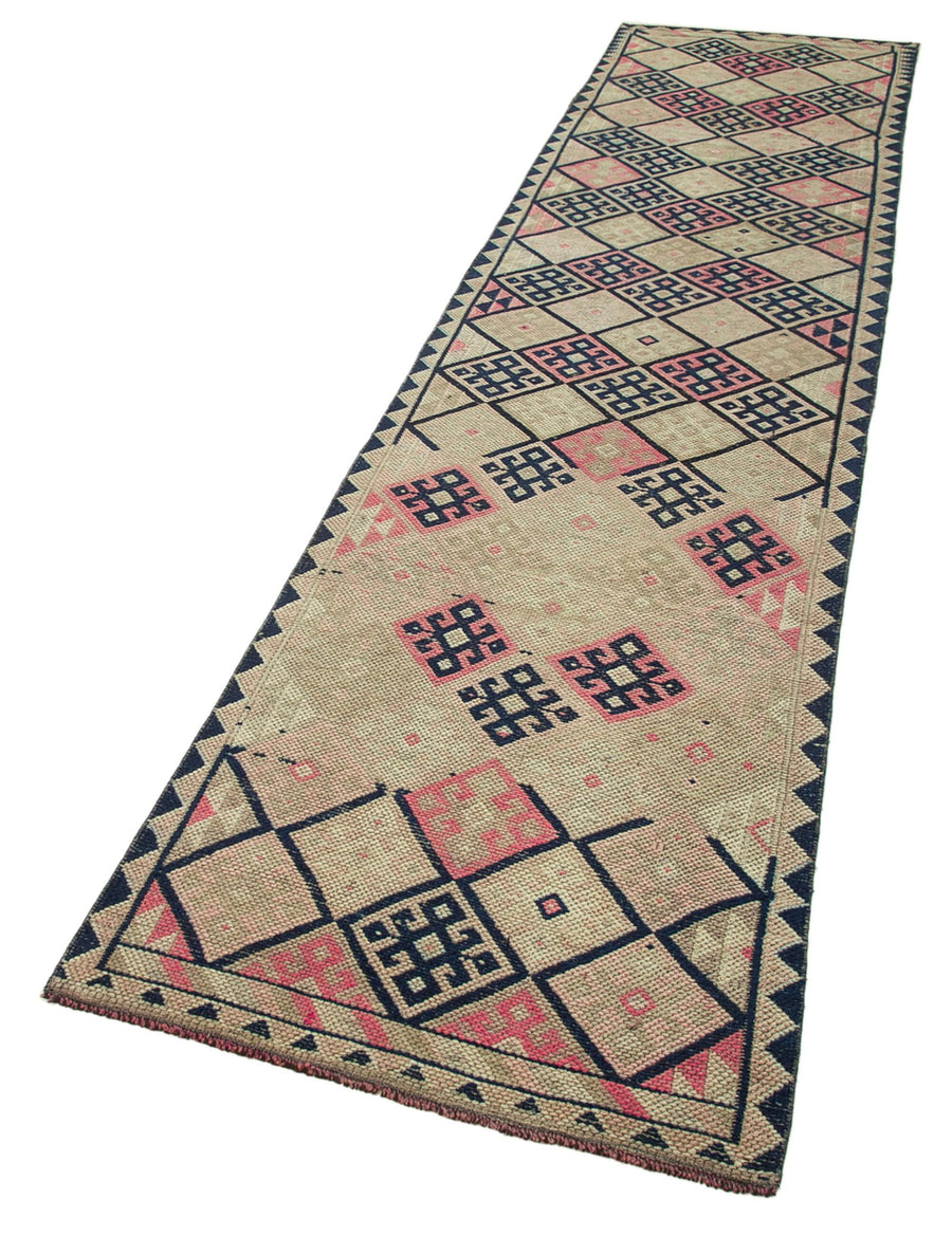 Vintage Herki Bej Eskitme Pamuk Yün El Dokuma Halısı 84x376 Agacan
