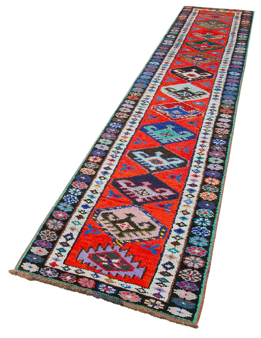 Vintage Herki Kırmızı Eskitme Pamuk Yün El Dokuma Halısı 80x396 Agacan