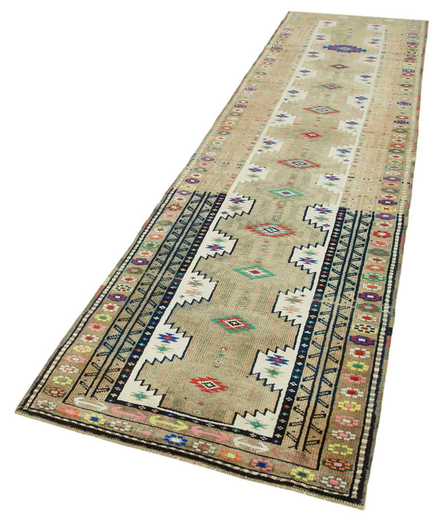 Vintage Herki Bej Eskitme Pamuk Yün El Dokuma Halısı 95x368 Agacan