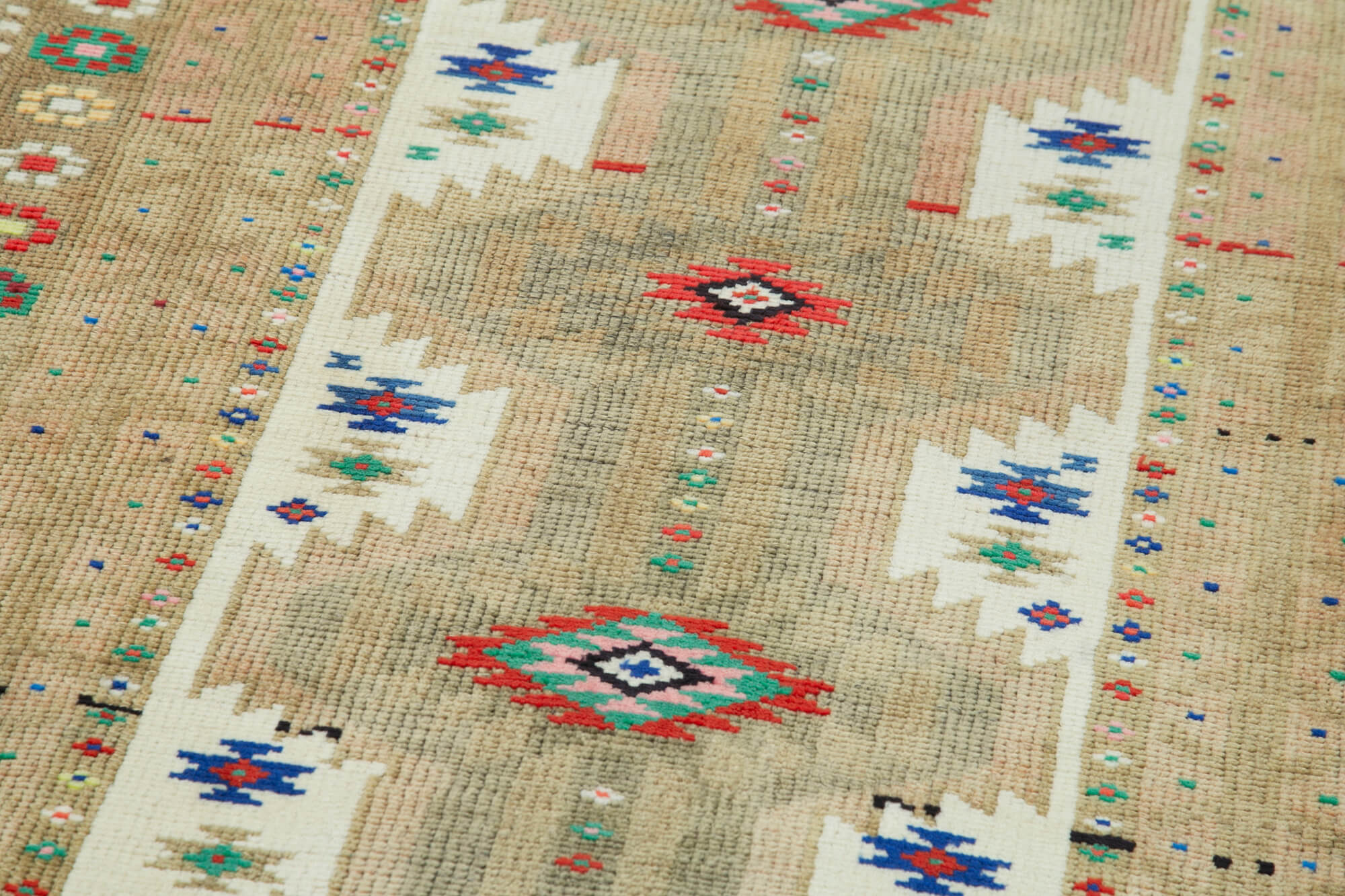 Vintage Herki Bej Eskitme Pamuk Yün El Dokuma Halısı 95x368 Agacan