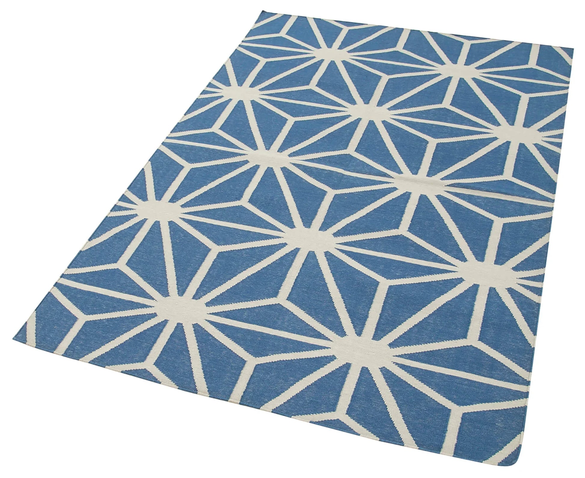 Geometric Duri Mavi Geometrik Pamuk Yün El Dokuma Halısı 111x167 Agacan