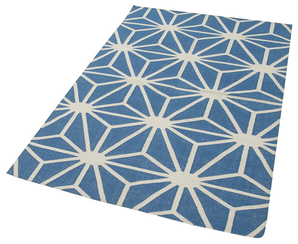 Geometric Duri Mavi Geometrik Pamuk Yün El Dokuma Halısı 111x167 Agacan