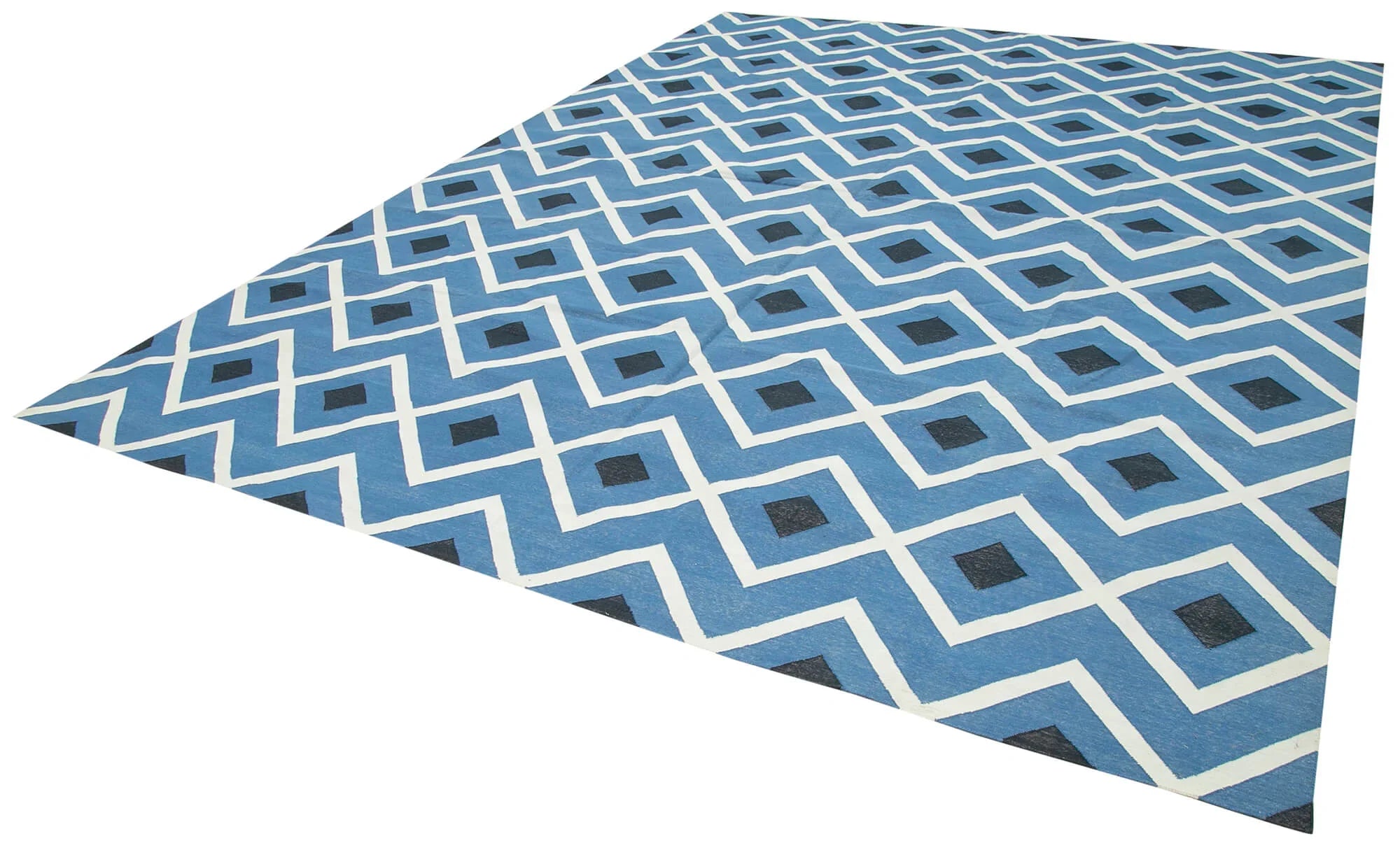 Geometric Duri Mavi Geometrik Pamuk Yün El Dokuma Halısı 303x415 Agacan