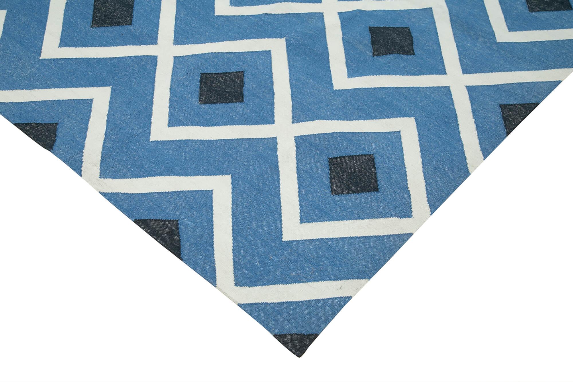 Geometric Duri Mavi Geometrik Pamuk Yün El Dokuma Halısı 303x415 Agacan