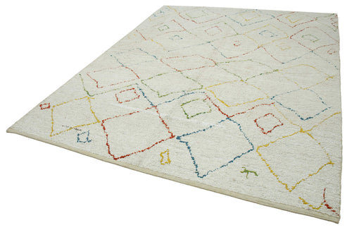 Morocco Beyaz Geometrik Yün Pamuk El Dokuma Halısı 240x305 Agacan