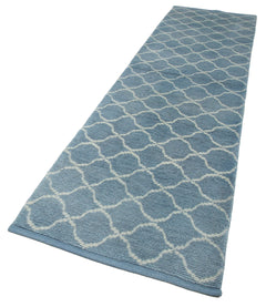 Morocco Mavi Geometrik Pamuk Yün El Dokuma Halısı 95x375 Agacan