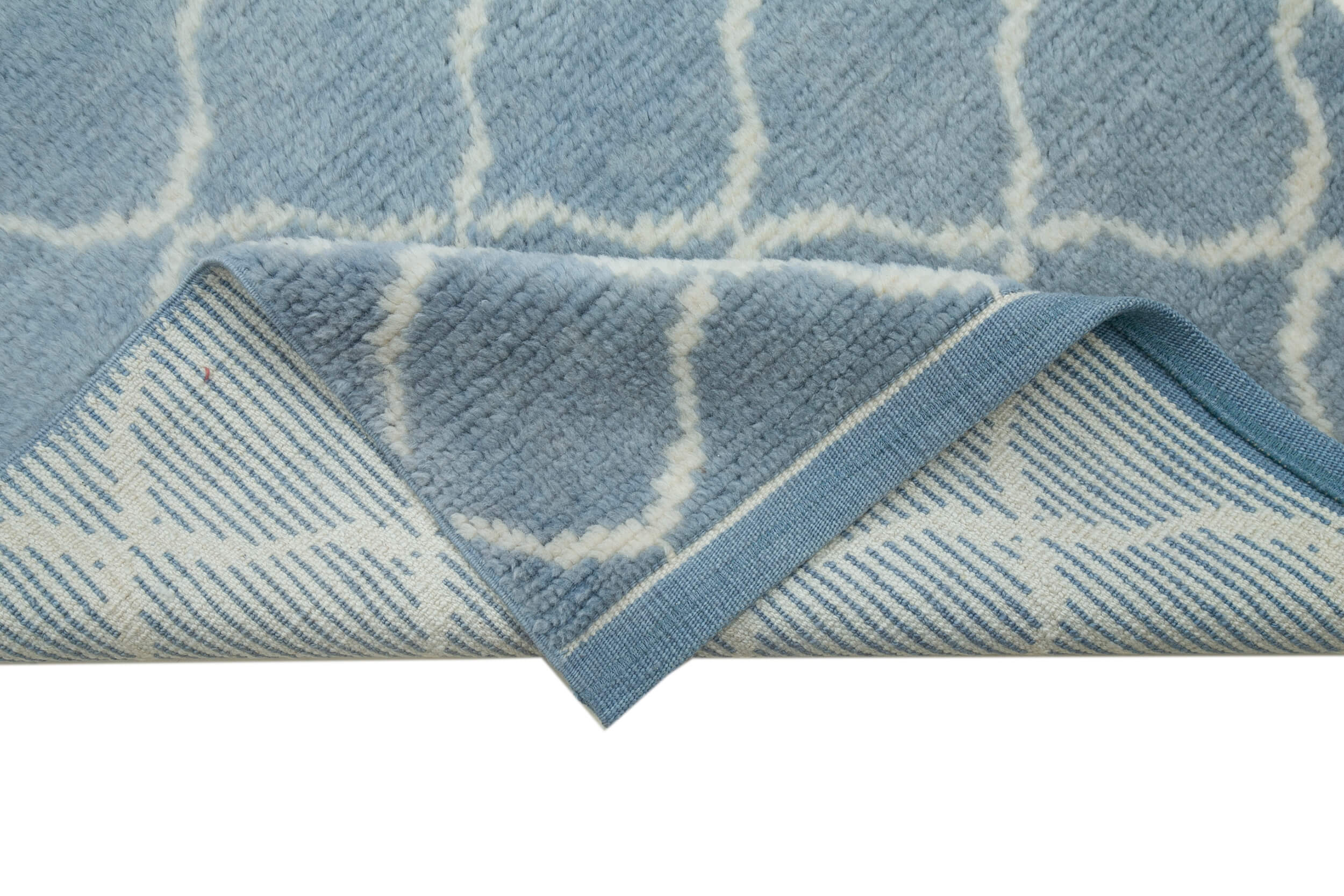 Morocco Mavi Geometrik Pamuk Yün El Dokuma Halısı 95x375 Agacan