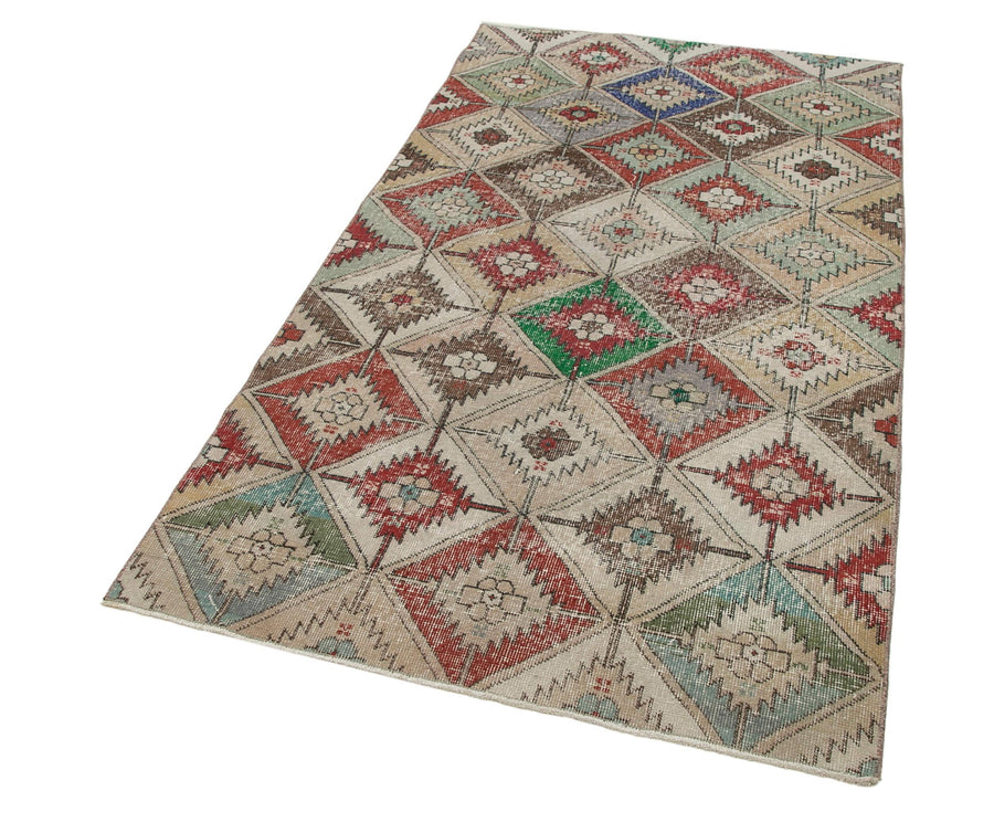 Checkered Vintage Beyaz Eskitme Pamuk Yün El Dokuma Halısı 118x214 Agacan