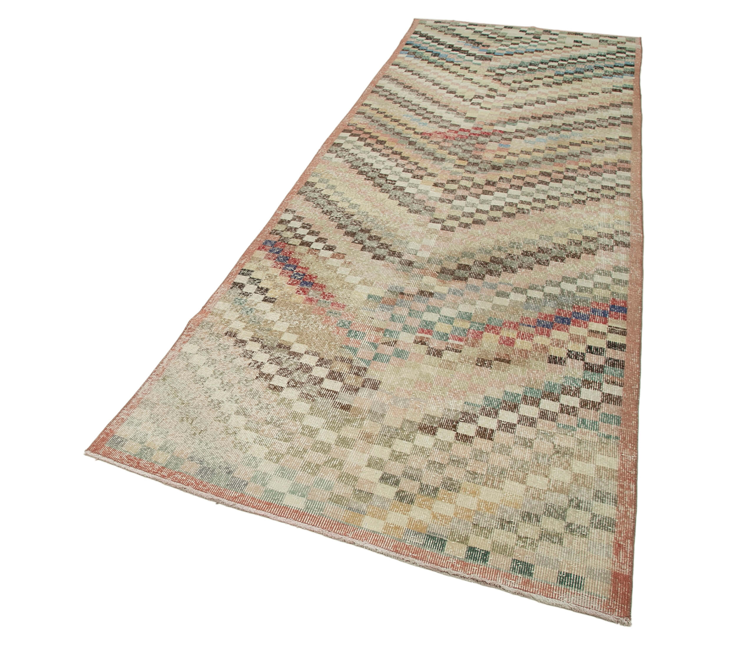 Checkered Runner Beyaz Geometrik Pamuk Yün El Dokuma Halısı 119x370 Agacan