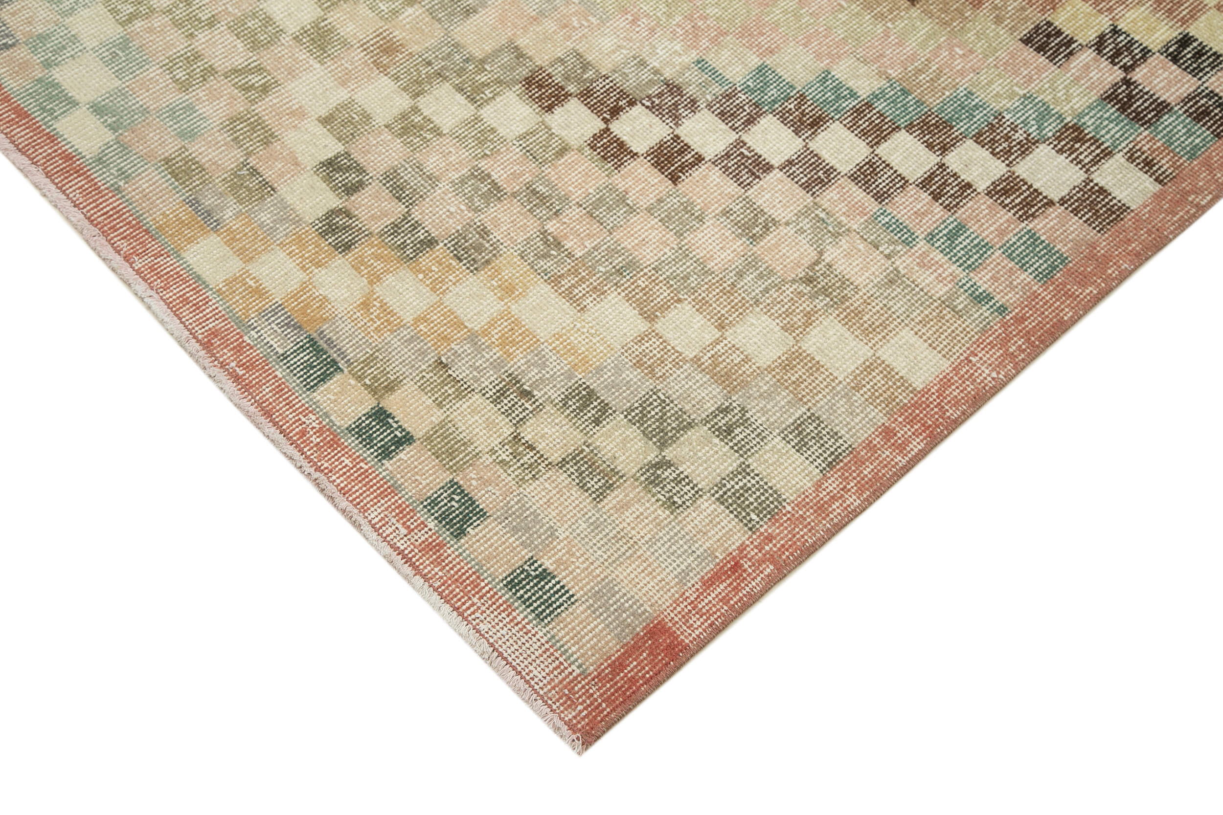 Checkered Runner Beyaz Geometrik Pamuk Yün El Dokuma Halısı 119x370 Agacan