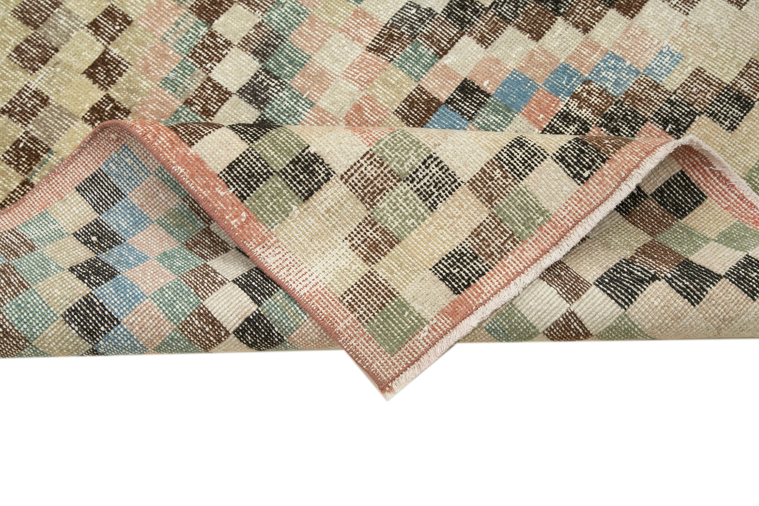 Checkered Runner Beyaz Geometrik Pamuk Yün El Dokuma Halısı 119x370 Agacan