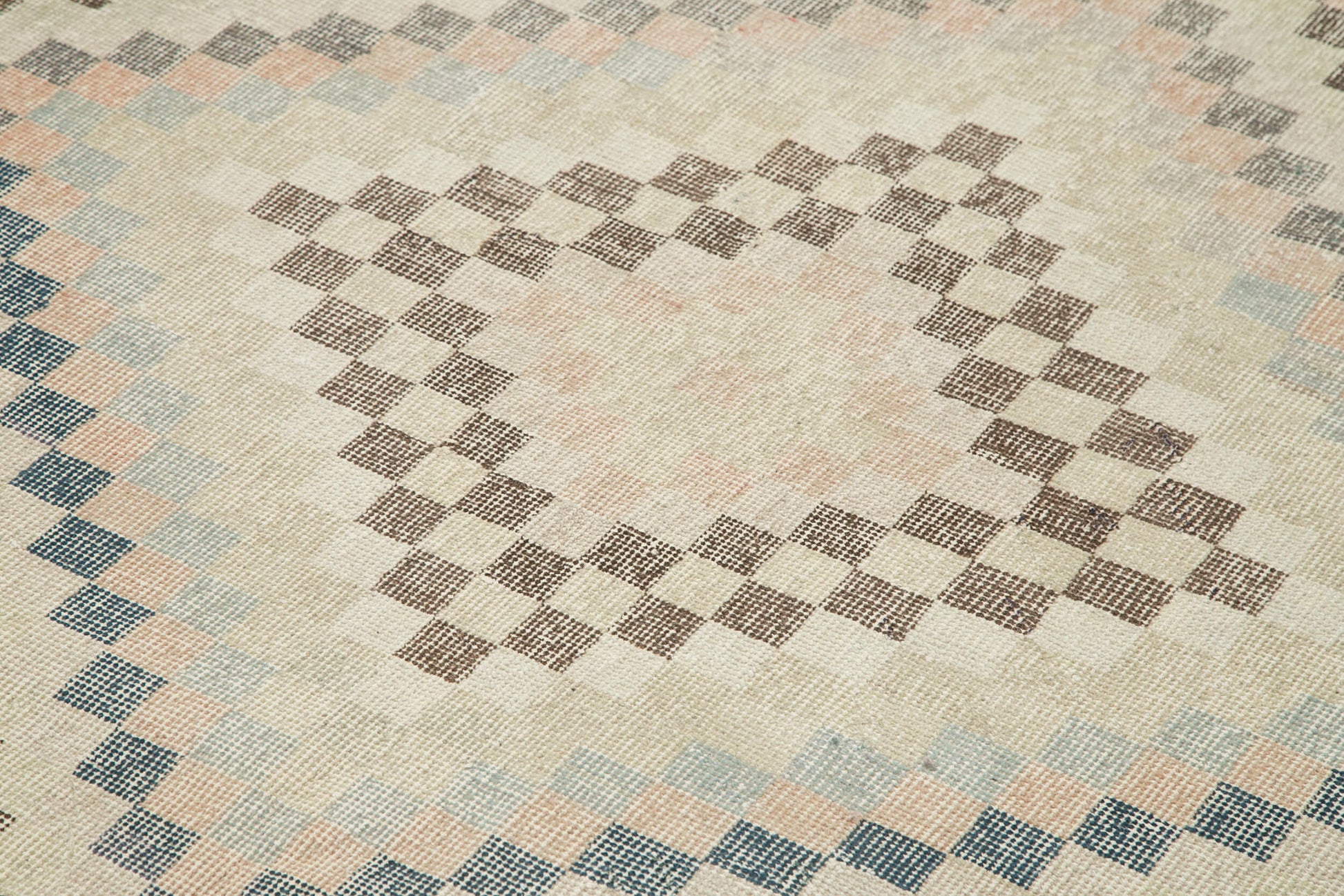 Checkered Kilim Bej Damalı Pamuk Yün El Dokuma Halısı 178x304 Agacan