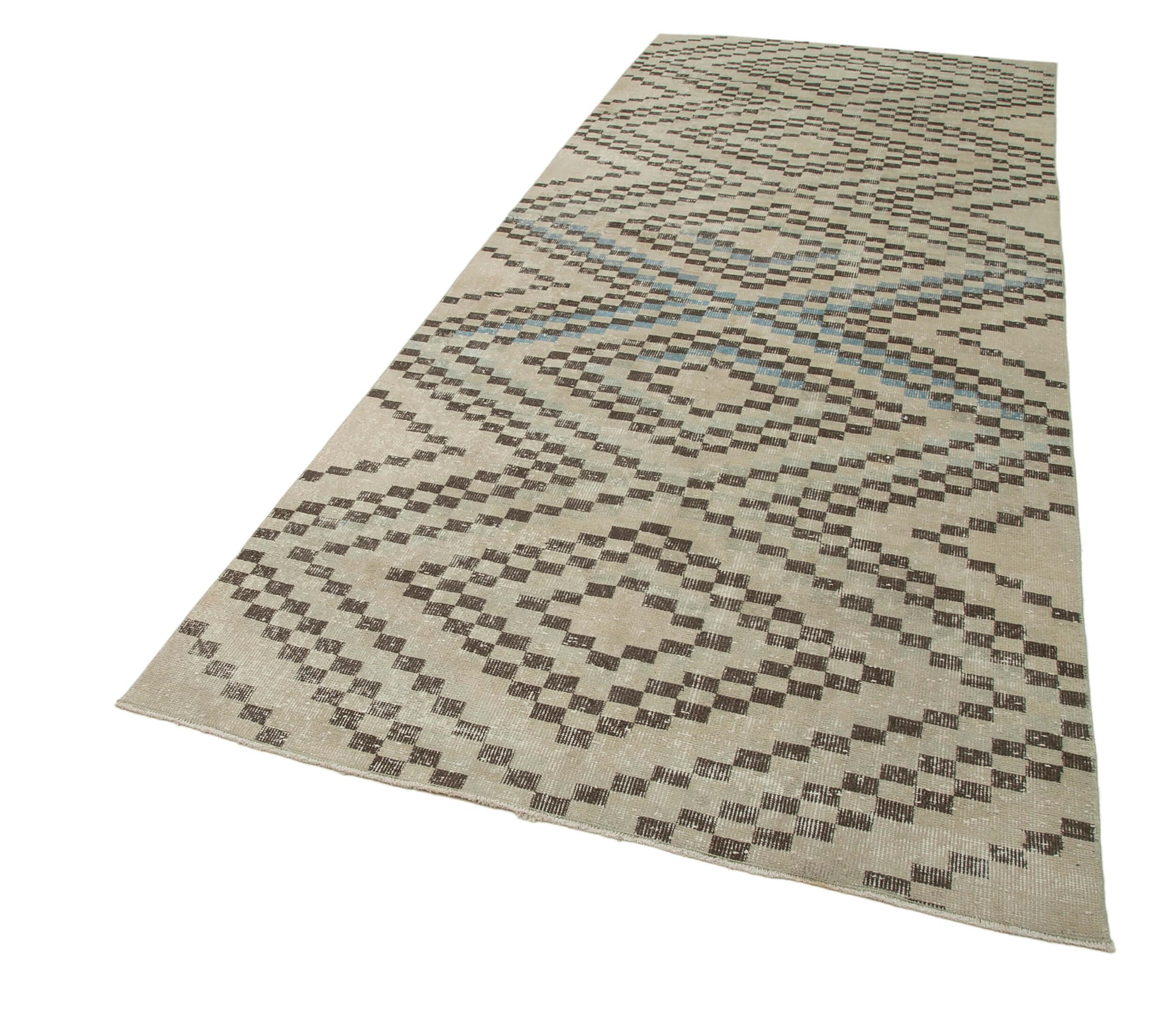 Checkered Runner Bej Geometrik Pamuk Yün El Dokuma Halısı 142x349 Agacan
