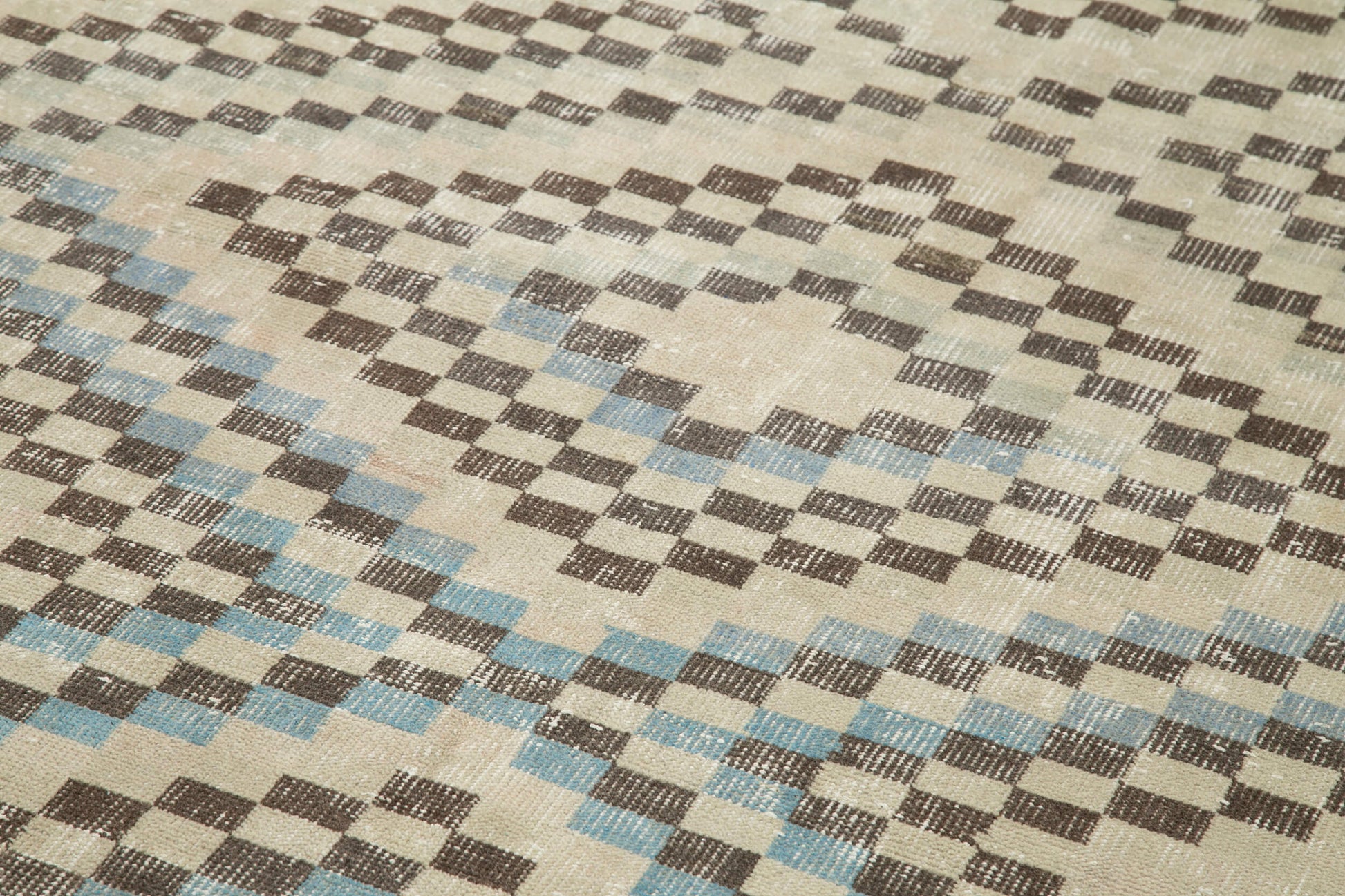Checkered Runner Bej Geometrik Pamuk Yün El Dokuma Halısı 142x349 Agacan