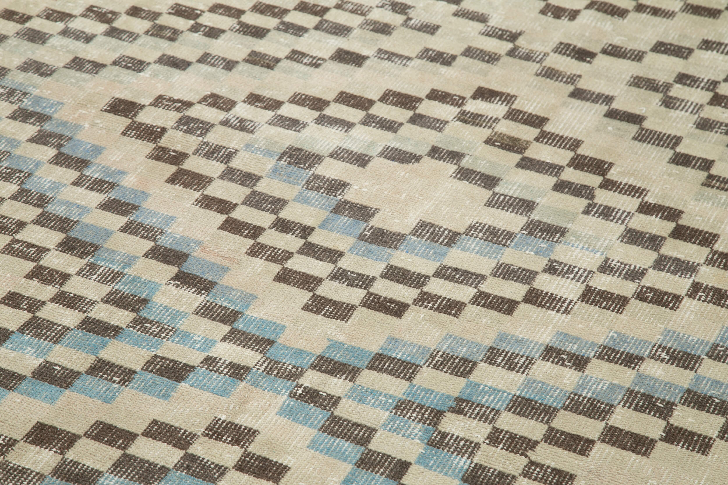Checkered Runner Bej Geometrik Pamuk Yün El Dokuma Halısı 142x349 Agacan