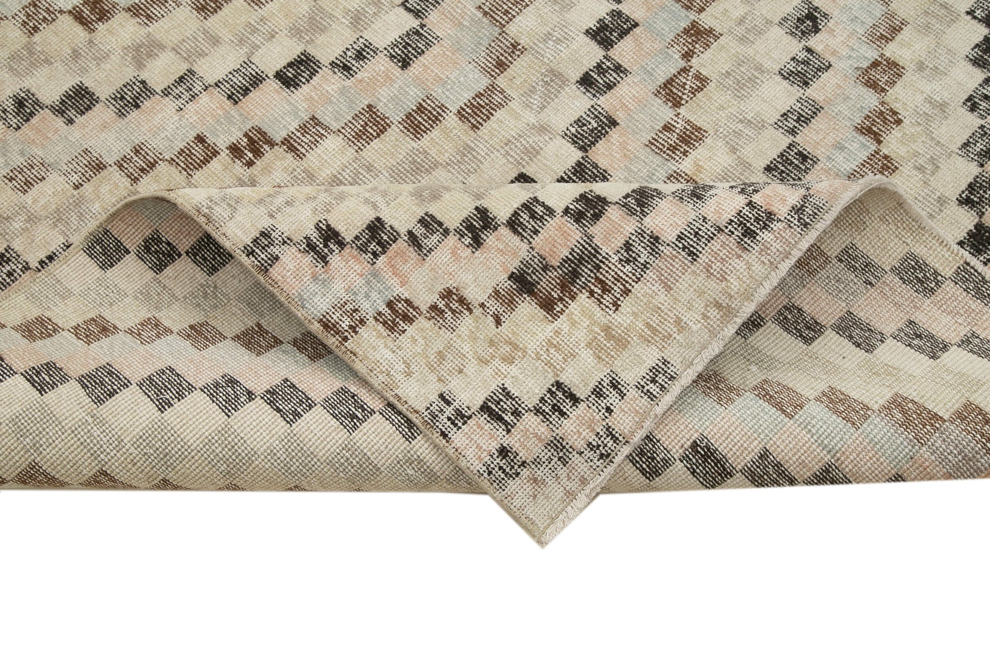 Checkered Kilim Bej Damalı Pamuk Yün El Dokuma Halısı 163x300 Agacan