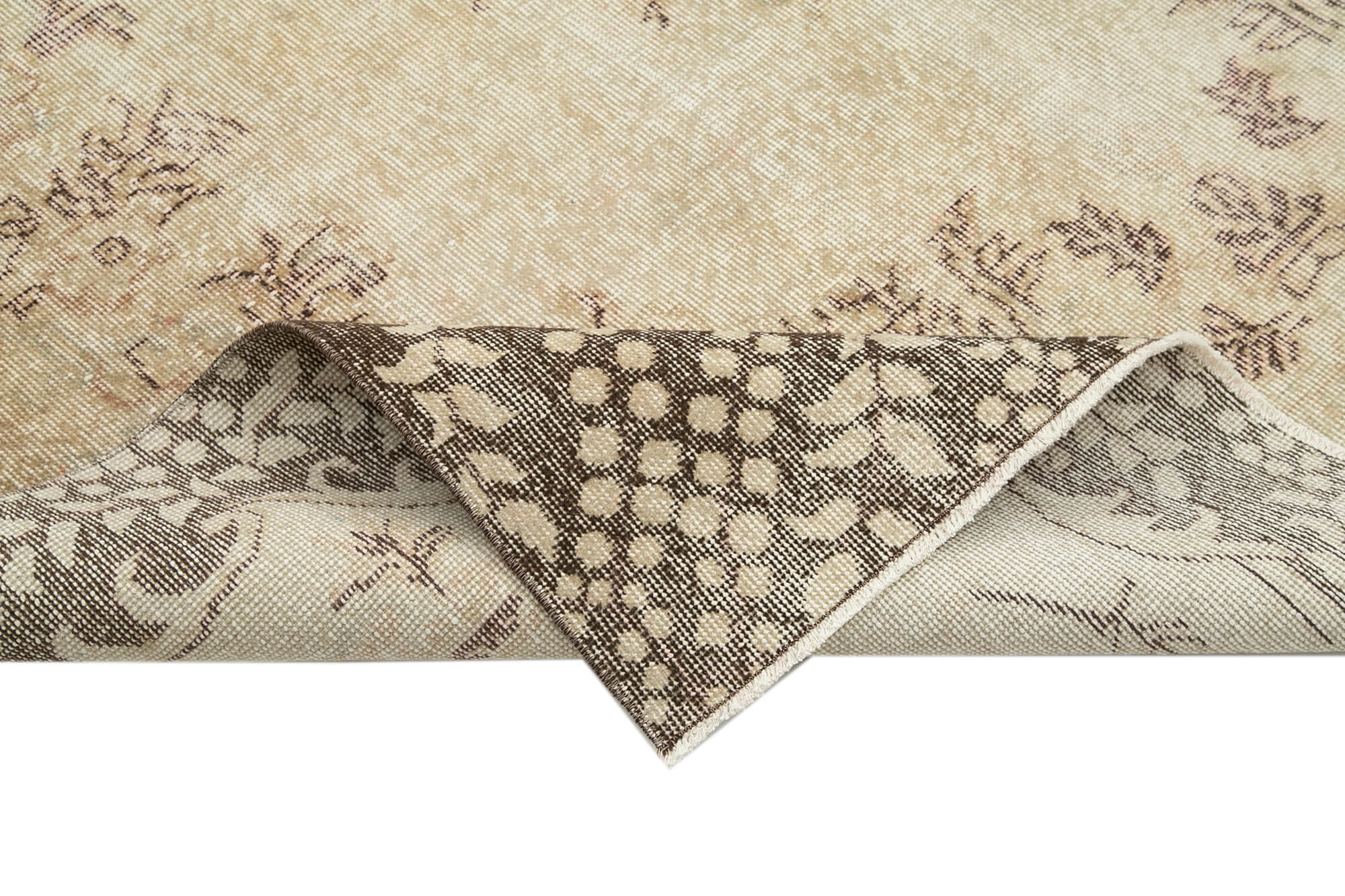 Vintage Bej Eskitme Pamuk Yün El Dokuma Halısı 204x322 Agacan