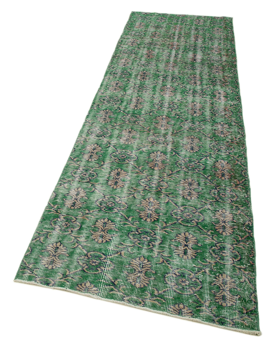 Overdyed Vintage Yeşil Eskitme Pamuk Yün El Dokuma Halısı 90x312 Agacan