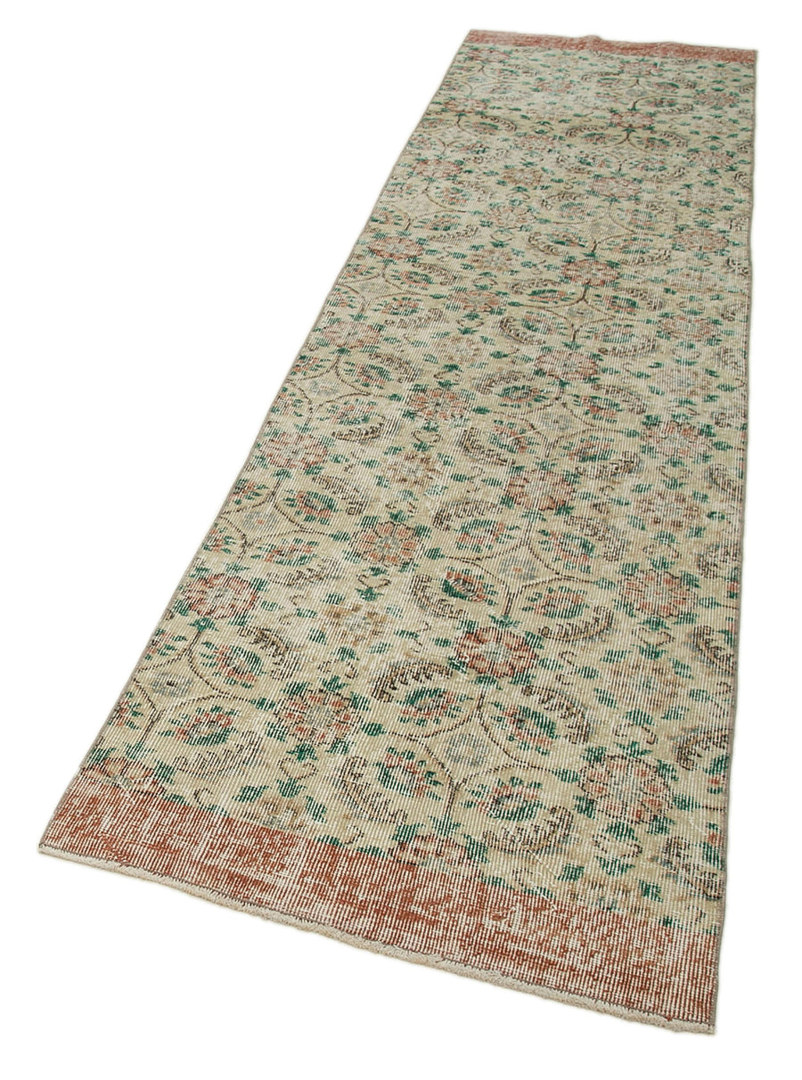 Overdyed Vintage Bej Eskitme Pamuk Yün El Dokuma Halısı 81x317 Agacan