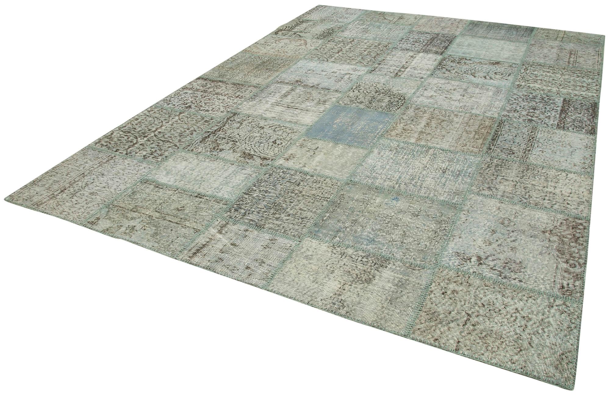 Kırk Yama Mavi Patchwork Pamuk Yün El Dokuma Halısı 250x350 Agacan