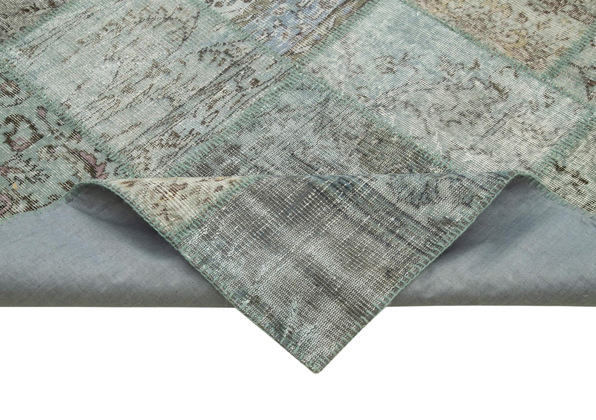 Kırk Yama Mavi Patchwork Pamuk Yün El Dokuma Halısı 250x350 Agacan