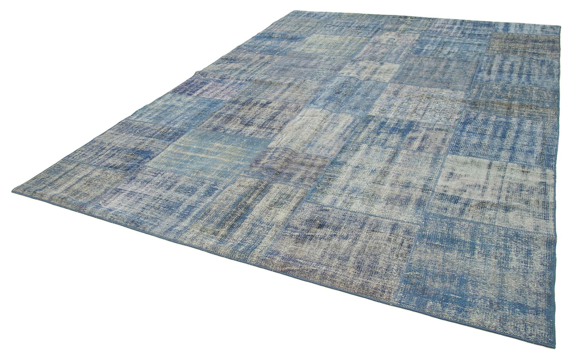 Kırk Yama Mavi Patchwork Pamuk Yün El Dokuma Halısı 245x348 Agacan