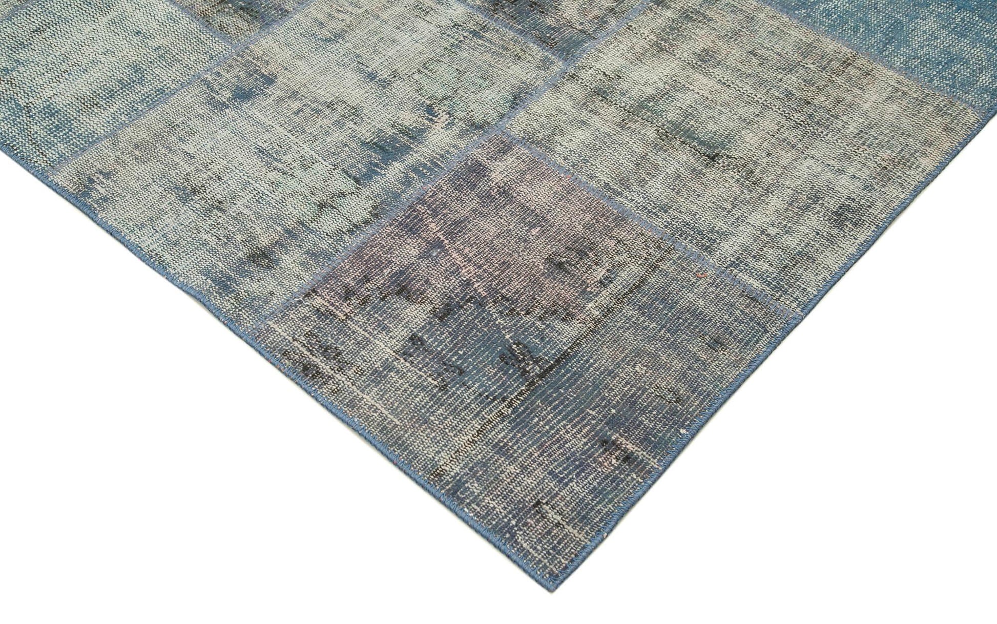 Kırk Yama Mavi Patchwork Pamuk Yün El Dokuma Halısı 245x353 Agacan