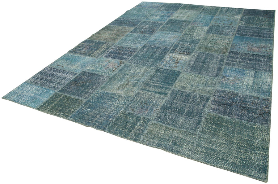 Kırk Yama Mavi Patchwork Pamuk Yün El Dokuma Halısı 254x353 Agacan