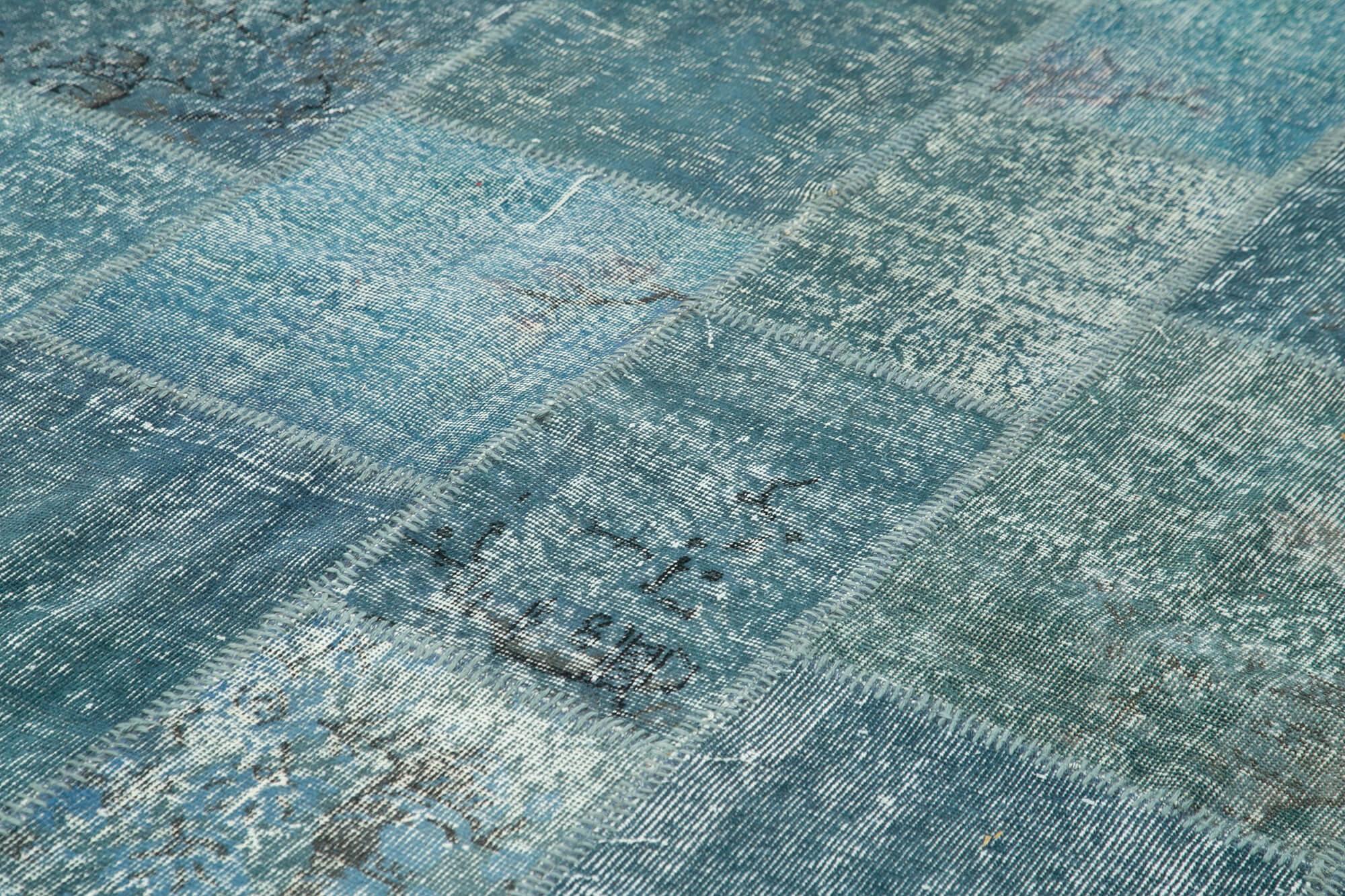 Kırk Yama Mavi Patchwork Pamuk Yün El Dokuma Halısı 254x353 Agacan