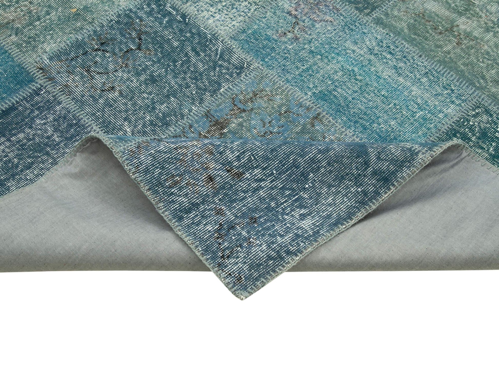 Kırk Yama Mavi Patchwork Pamuk Yün El Dokuma Halısı 254x353 Agacan