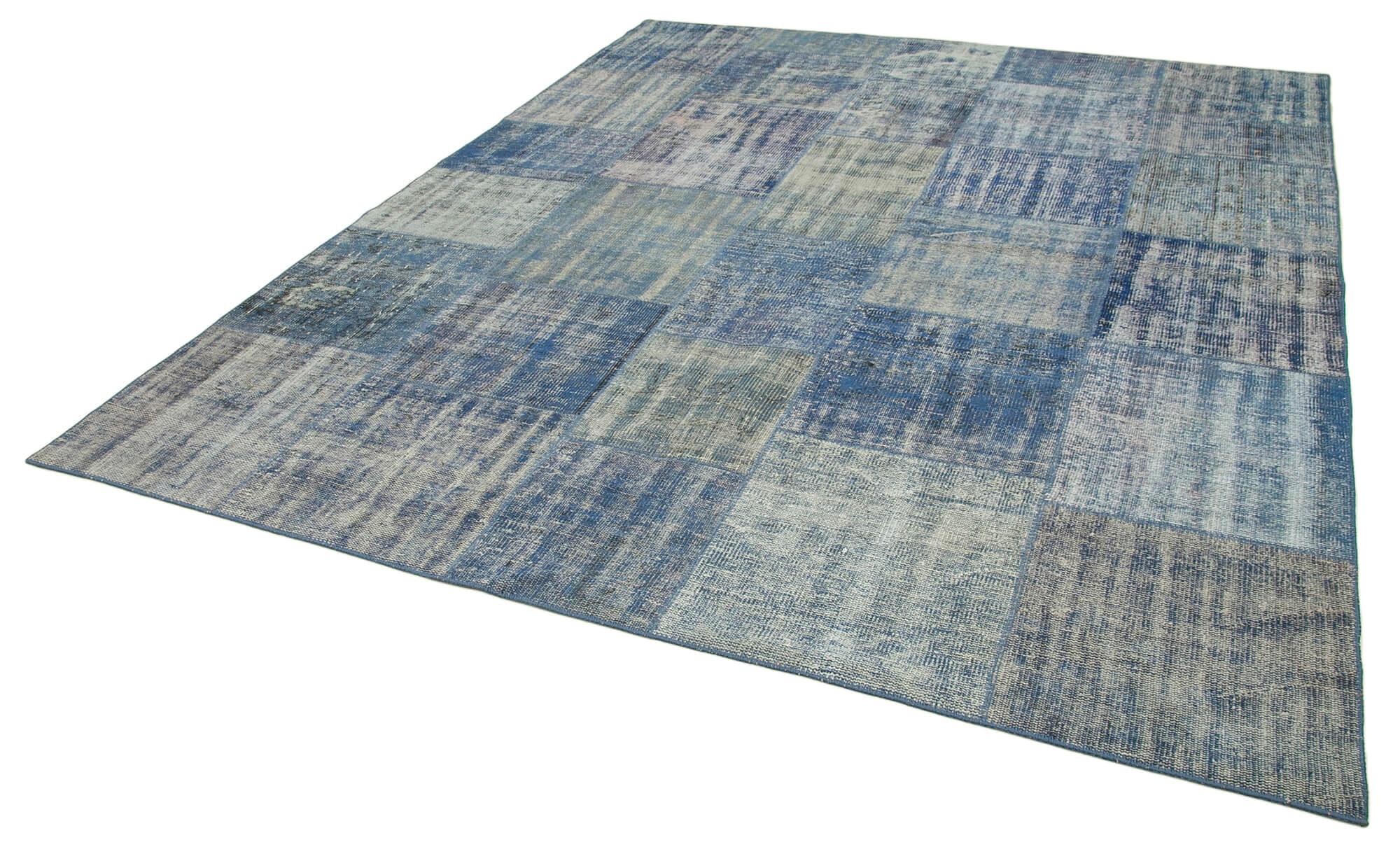 Kırk Yama Mavi Patchwork Pamuk Yün El Dokuma Halısı 245x295 Agacan