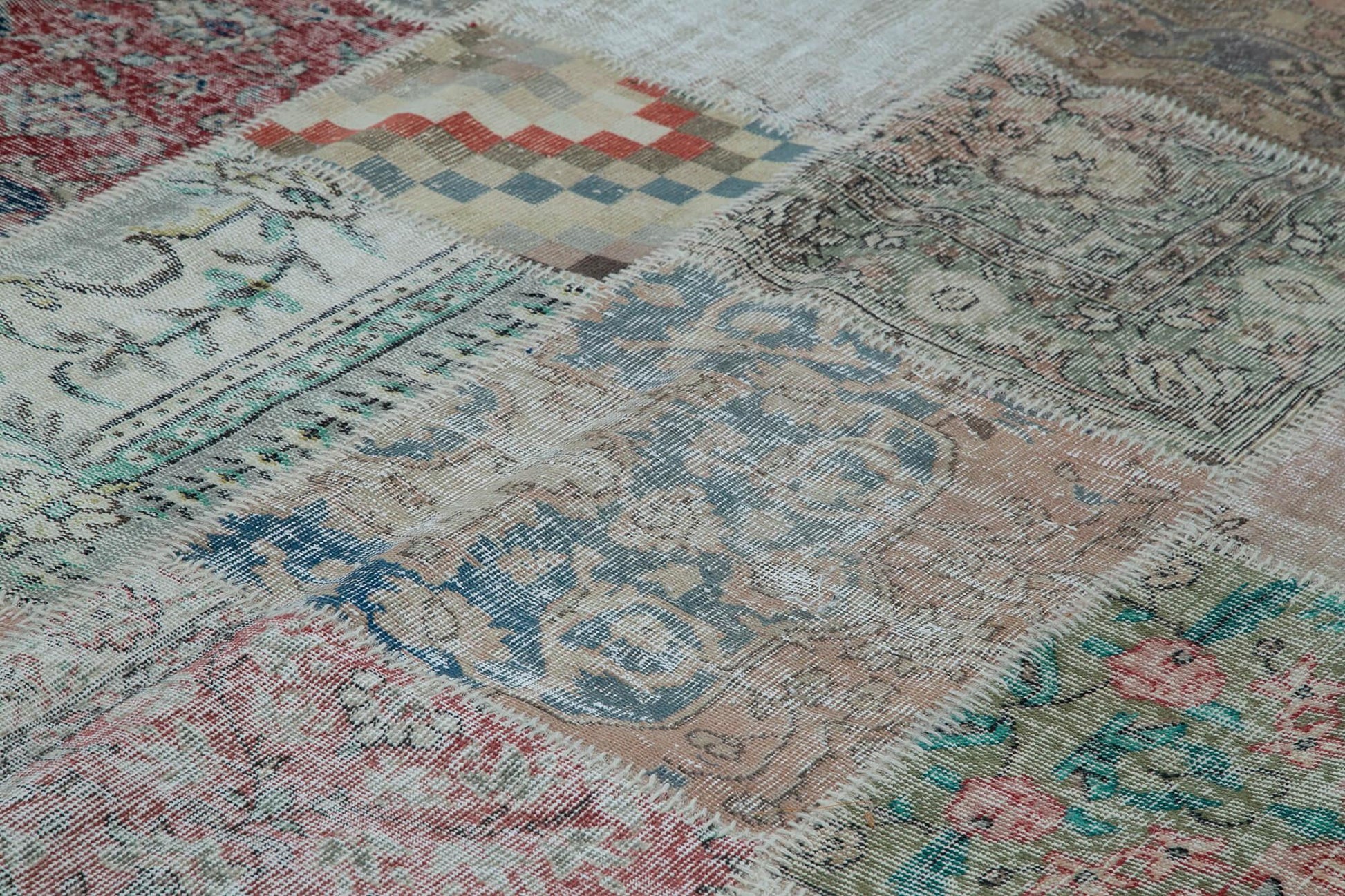 Kırk Yama Mavi Patchwork Pamuk Yün El Dokuma Halısı 301x404 Agacan
