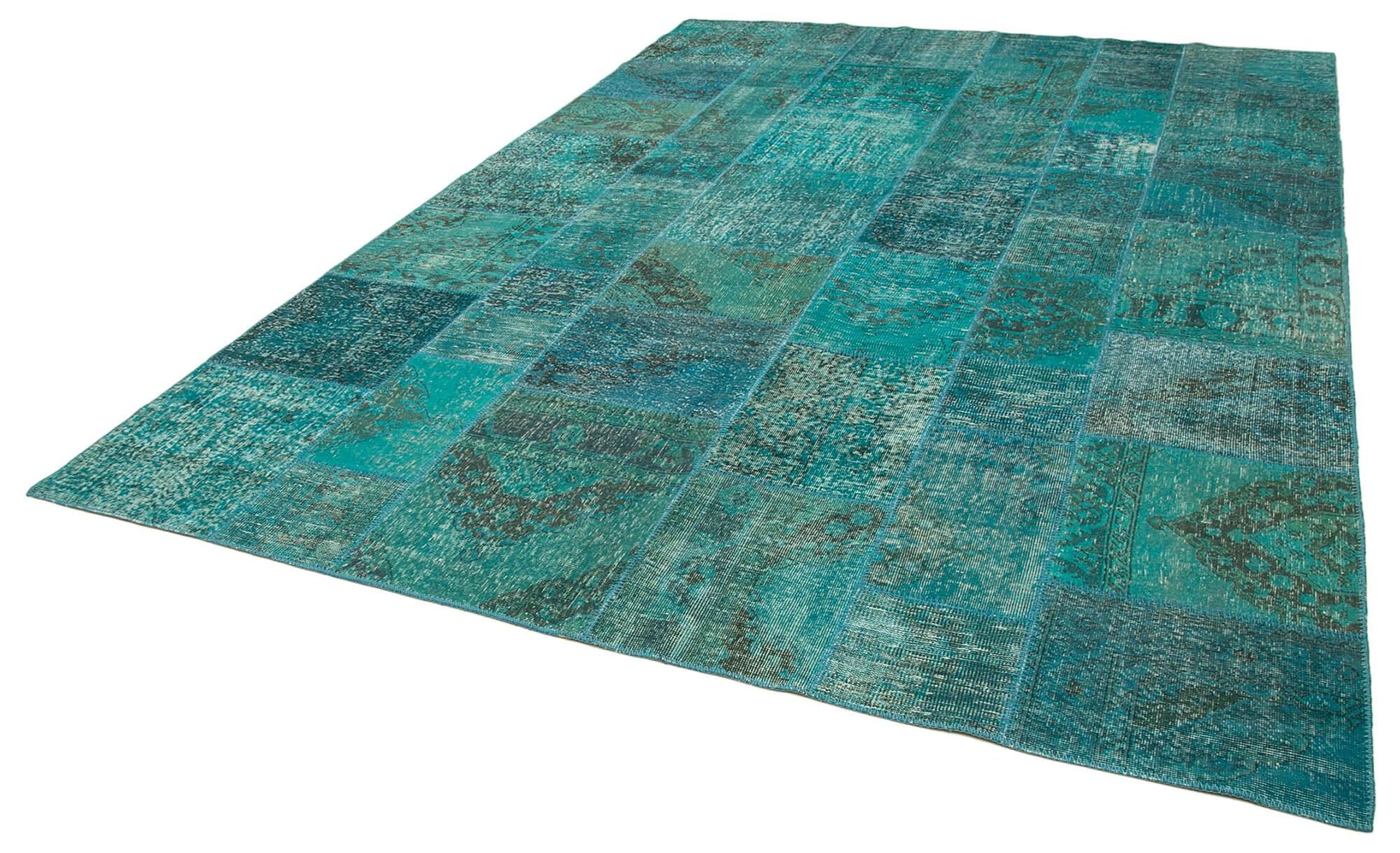 Kırk Yama Turkuaz Patchwork Pamuk Yün El Dokuma Halısı 251x351 Agacan