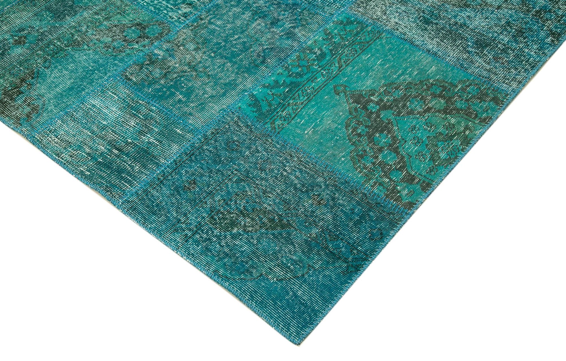 Kırk Yama Turkuaz Patchwork Pamuk Yün El Dokuma Halısı 251x351 Agacan